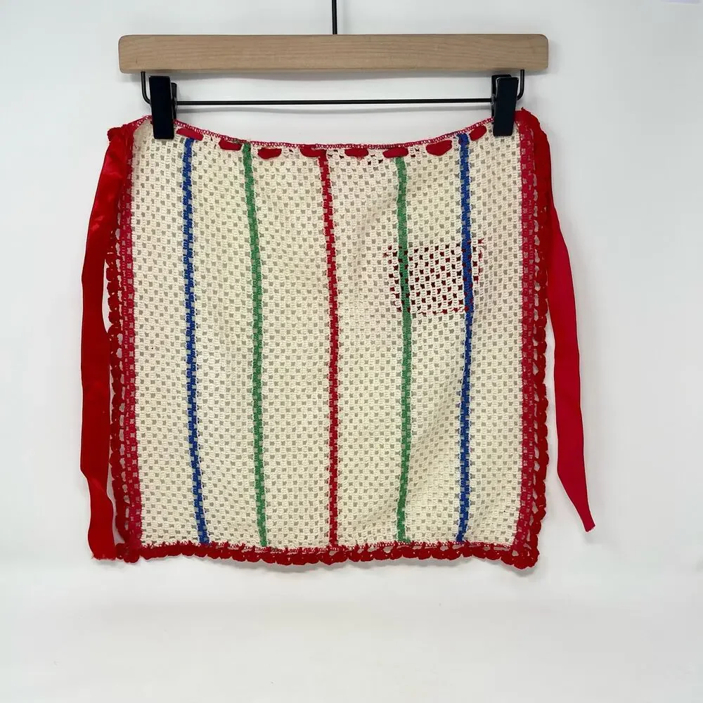 Vintage‎ Off-White w/Red Blue Green Stripes Hand Crochet Red Pocket Half Apron